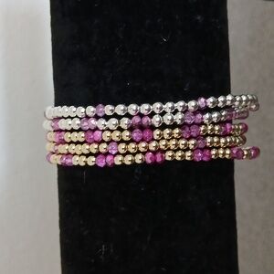 Elegant Pink, Gold And Silver  Beaded Bracelet Set Of 5